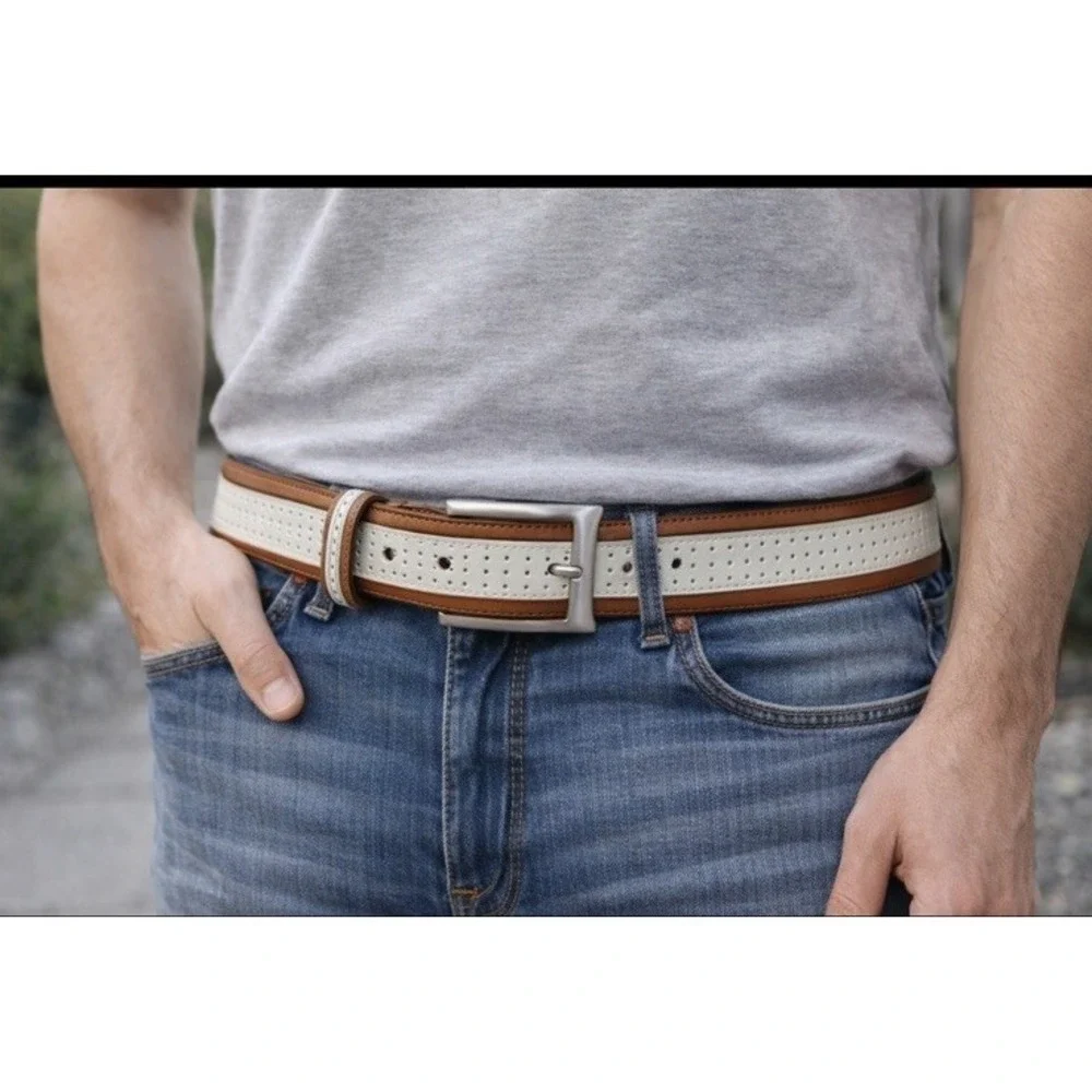 Vintage Brown and Ivory Perforated Leather Belt Men 45